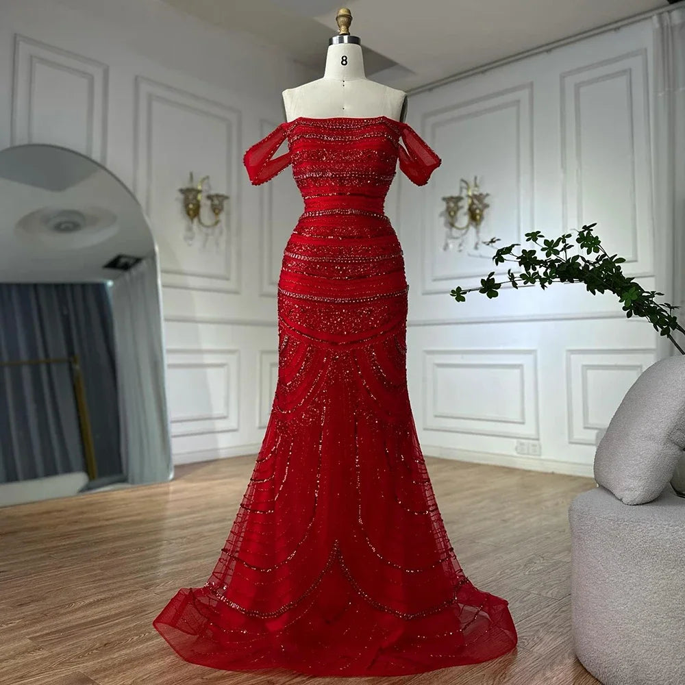 Off-Shoulder Satin Mermaid Gown with Beading – Candy Color Formal Dress for Wedding Parties