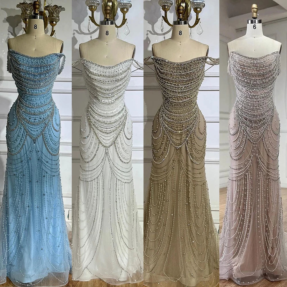 Elegant Strapless Beaded Mermaid Evening Dress – Floor-Length Tulle Gown