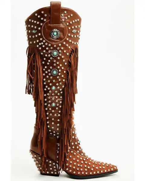 2025 Retro Westen Long Boots Pointy Toe Thin Heels Knee Boots Side Zipper Shoes Winter Cowgirl Fashion Runway Shoes 44