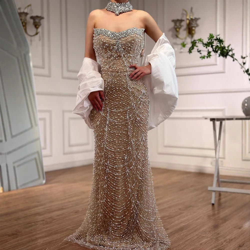 Strapless Mermaid Evening Gown with Beading and Pearls – Abstract Pattern Tulle Dress with Court Train