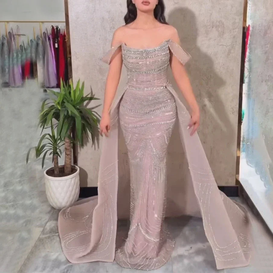 Off-Shoulder Satin Mermaid Gown with Beading – Candy Color Formal Dress for Wedding Parties