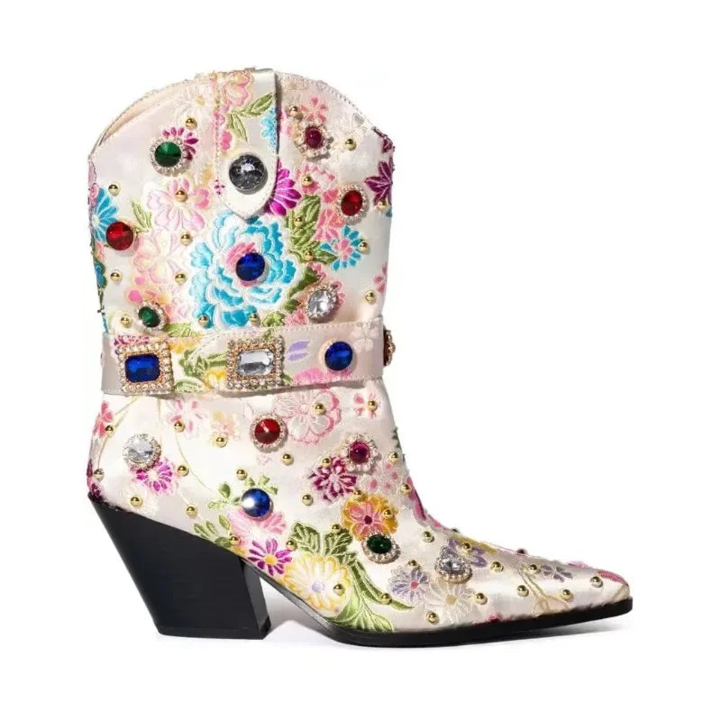 Embroidery Rhinestone Rivet Short Boots Pointed Slope Heel Chelsea Women's Boots
