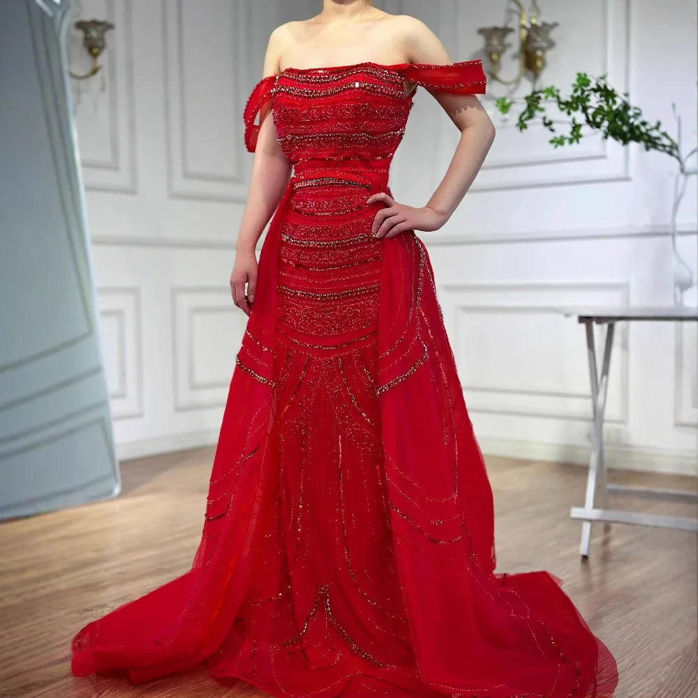 Off-Shoulder Satin Mermaid Gown with Beading – Candy Color Formal Dress for Wedding Parties