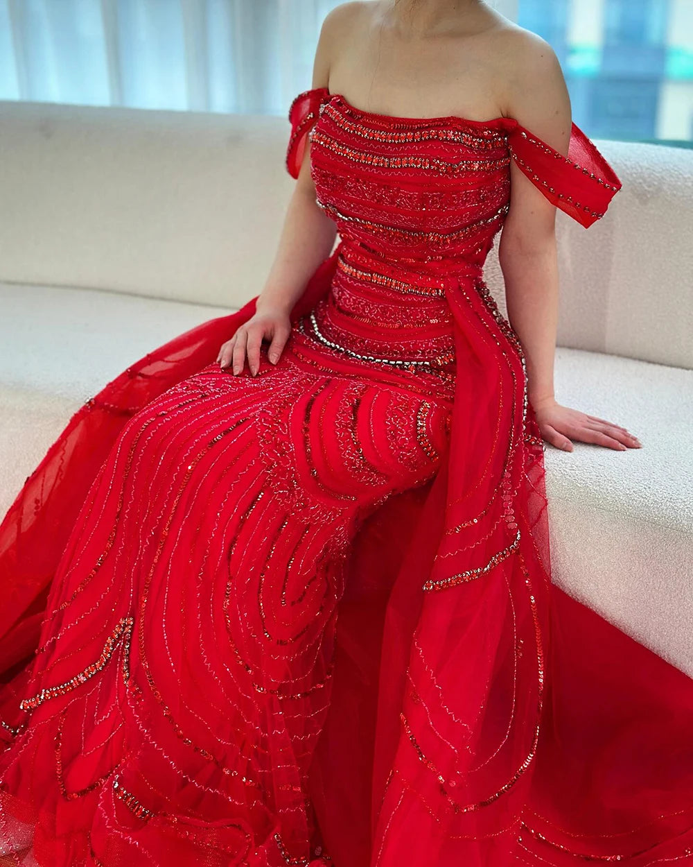 Off-Shoulder Satin Mermaid Gown with Beading – Candy Color Formal Dress for Wedding Parties