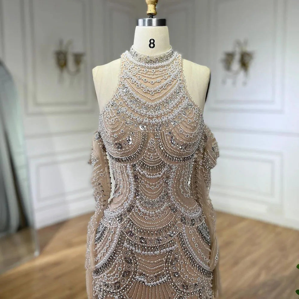 Elegant High Neck Mermaid Evening Dress with Pearls and Beading – Full Sleeve Floor-Length Gown
