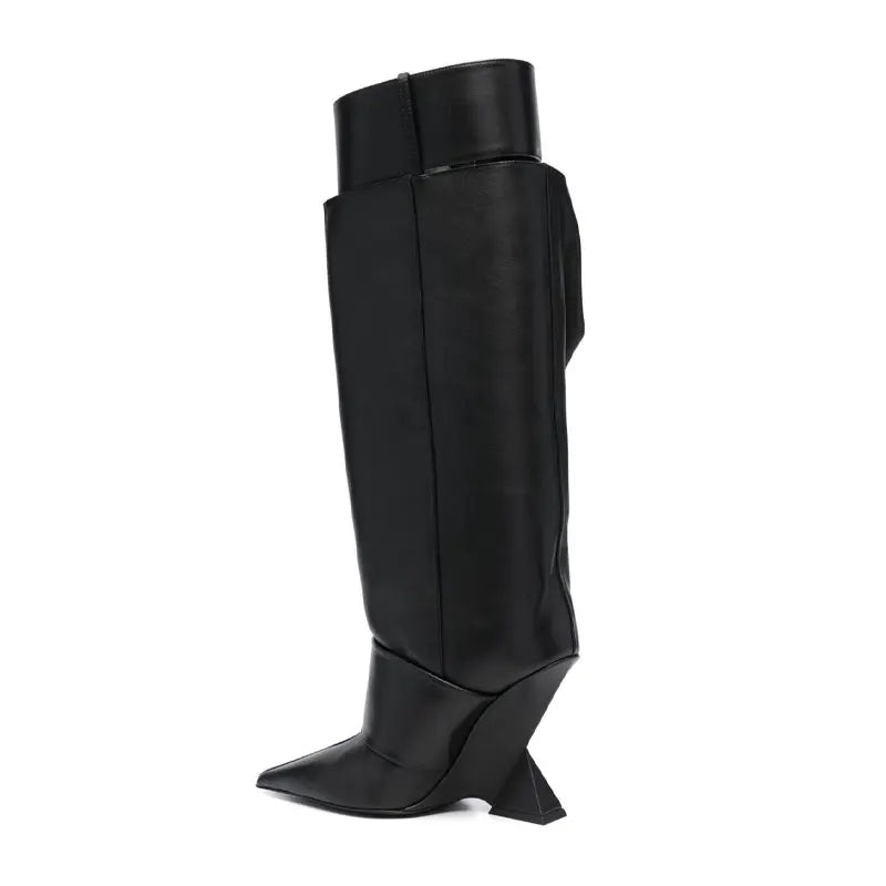 Women's Belt Buckle Knee Length Boots Fashion Pointed Heel Large Thigh High Boots