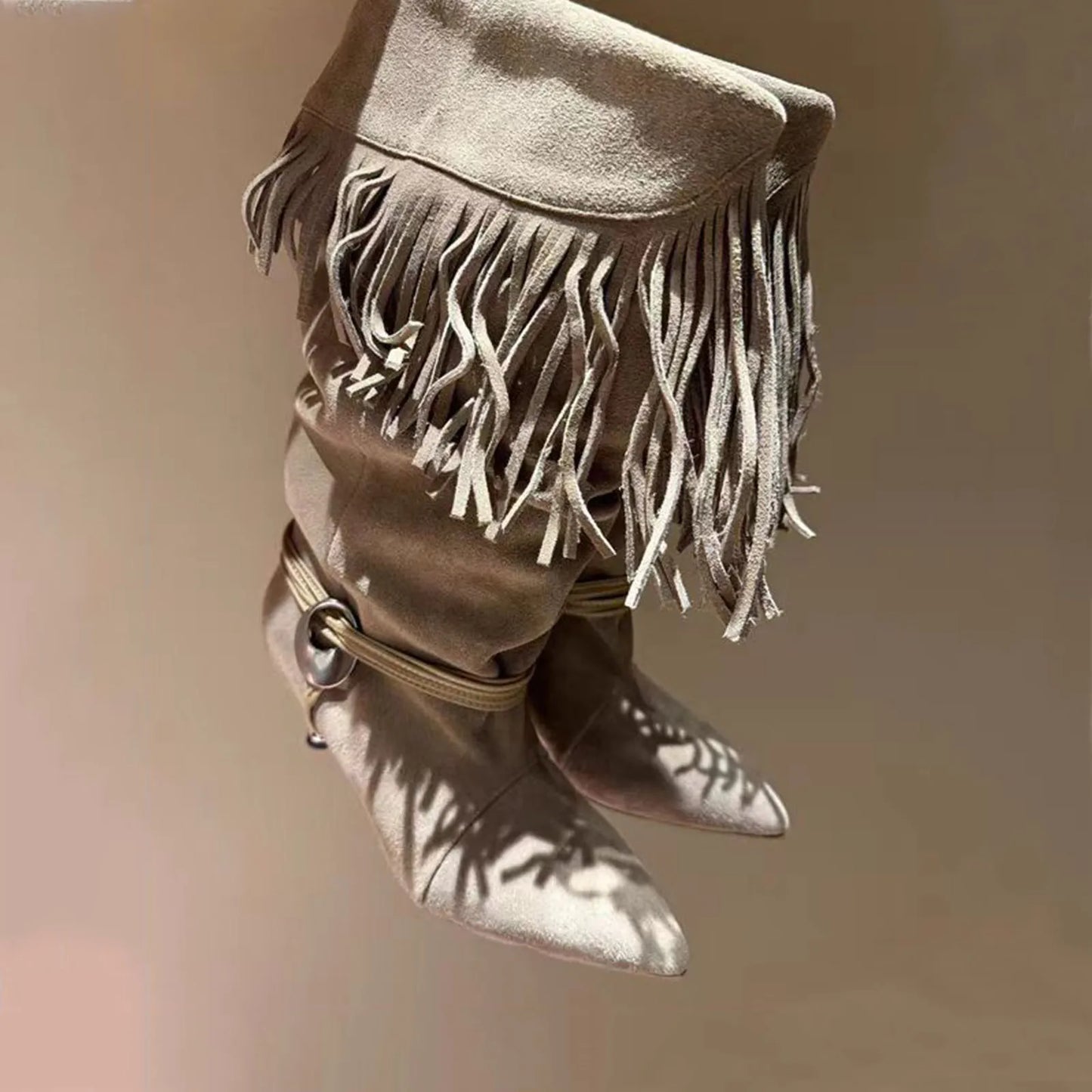 Arden Furtado 2025 Spring suede tassels Mid-Calf boots Pointed toe Turned-over Edge Middle heel Large tubular boots cowboy boots