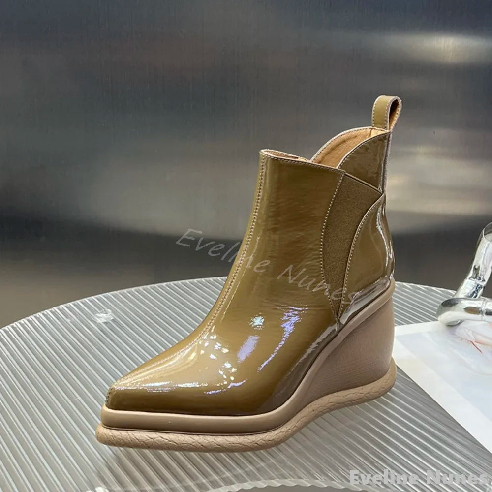 Height Increasing Wedges Ankle Boots Women Pointed Toe Platform Slip On Solid Leather Boots