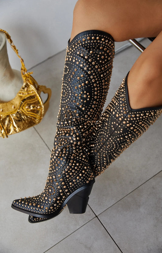 2025 Metallic Rivets Chunky Heels Retro Boots Women Pointed Toe Mixed Color Knee High Boots Lady Square Heels Vintage Boots 44