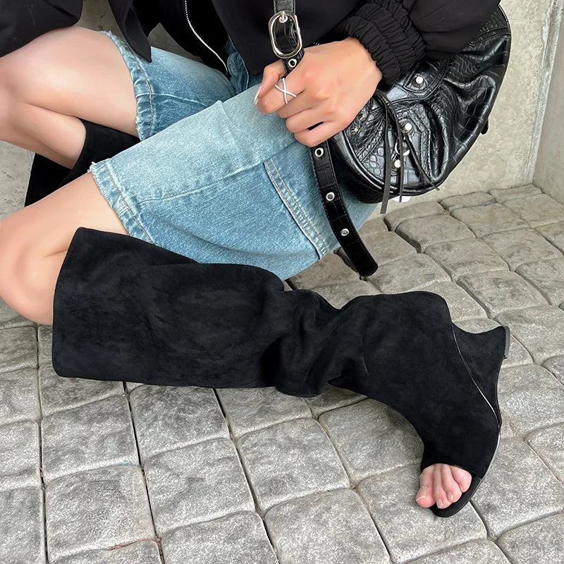 Over the knee boots Peep toe Pleated Pull-on High-heeled Cool boots Large tubular boots