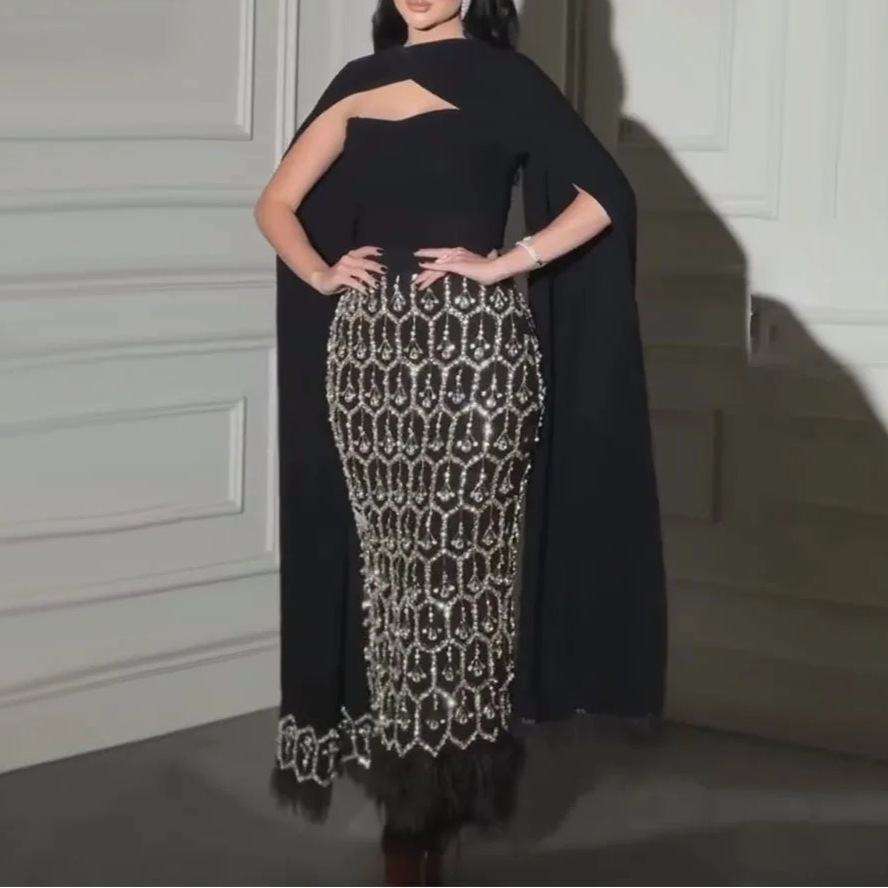 Ankle-Length Mermaid Party Dress with Beading and Feathers – Sleeveless Square Neck Tulle Gown