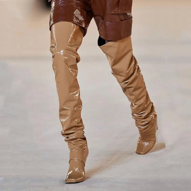 Tapered heel Over the knee boots Square-head Pleated Slip-on Super high heel Modern boots