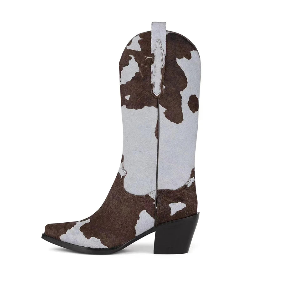 Horsehair Middle boots Pointed toe Mixed Colors Low heel Slip-on Modern boots Large size Western boots