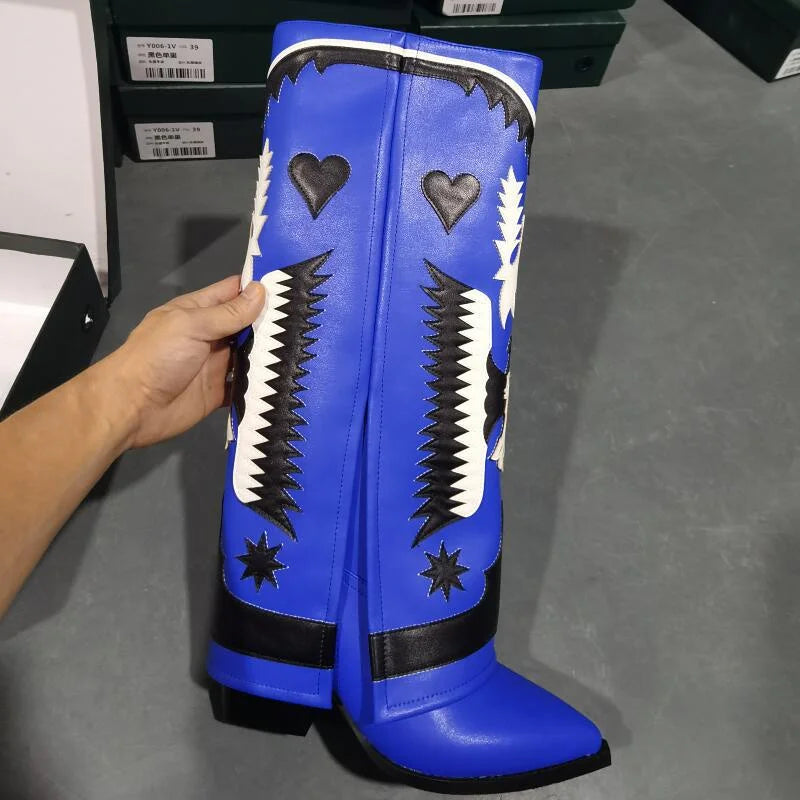 Genuine Leather Embroidered Wedge Heels Women Knee High Boots New Black Red Winter Skirt Boots Sexy High Heels Shoes Size 34-43