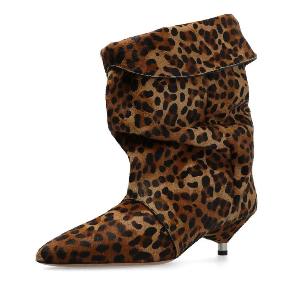 Leopard print Large tubular boots Pointed toe Slip-on Pleated Middle heel Modern boots Short boots