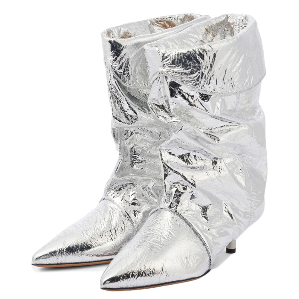 Leopard print Large tubular boots Pointed toe Slip-on Pleated Middle heel Modern boots Short boots