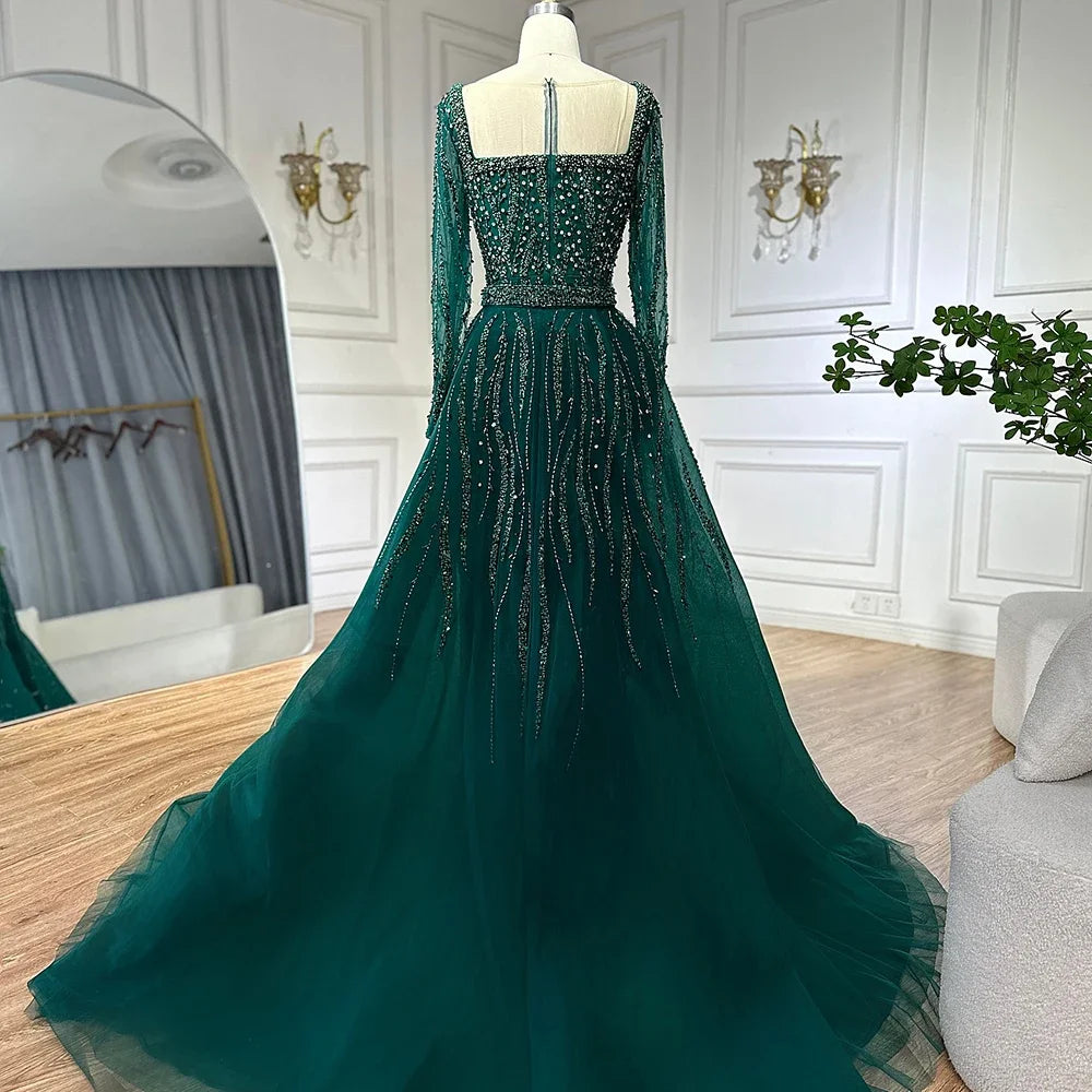 Square Neck Beaded Mermaid Evening Dress with Sleeves – Floor-Length Gown