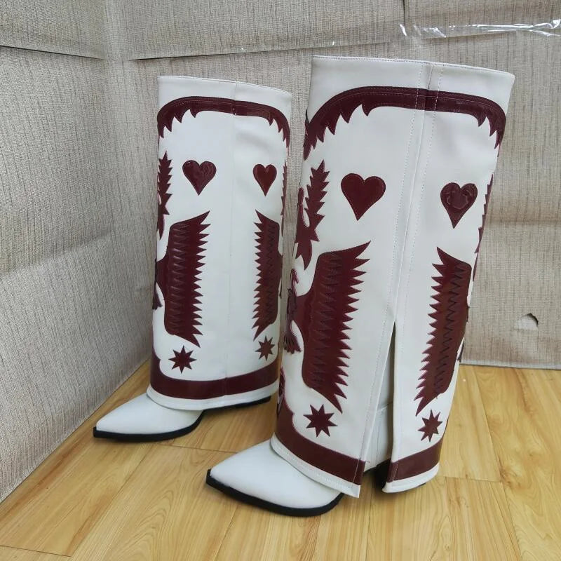 Genuine Leather Embroidered Wedge Heels Women Knee High Boots New Black Red Winter Skirt Boots Sexy High Heels Shoes Size 34-43