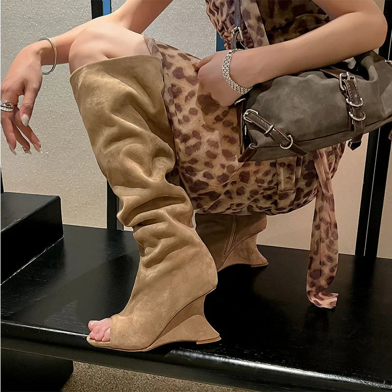 Over the knee boots Peep toe Pleated Pull-on High-heeled Cool boots Large tubular boots