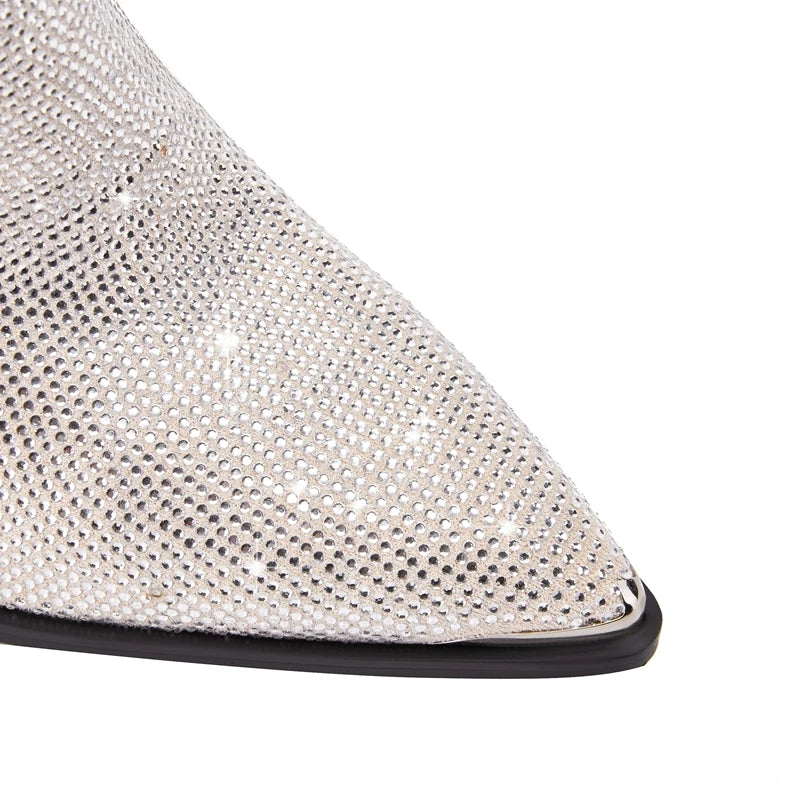 Women's New Calf Pointed Head Sexy Nightclub Europe and America Lightning Water Diamond Large Heel Short Boots