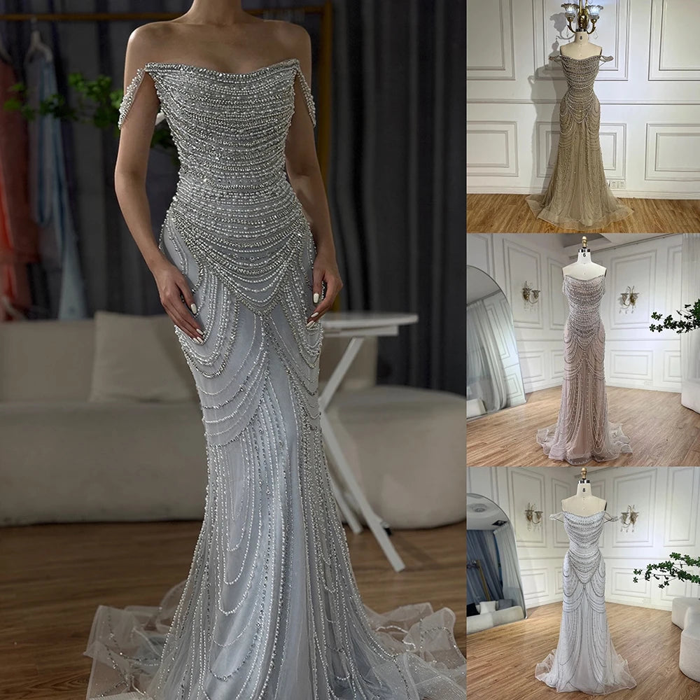 Elegant Strapless Beaded Mermaid Evening Dress – Floor-Length Tulle Gown