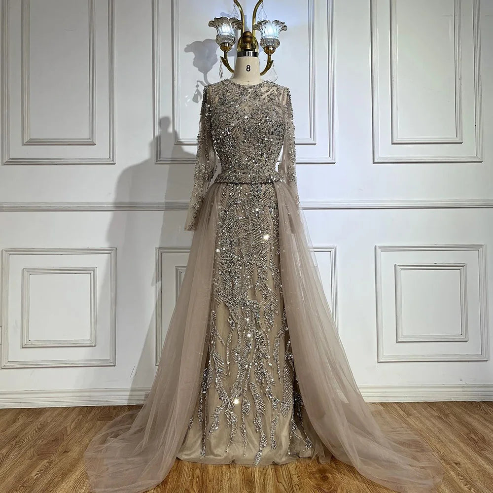 Elegant Beaded Mermaid Evening Gown with Sleeves – O-Neck Floor-Length Dress