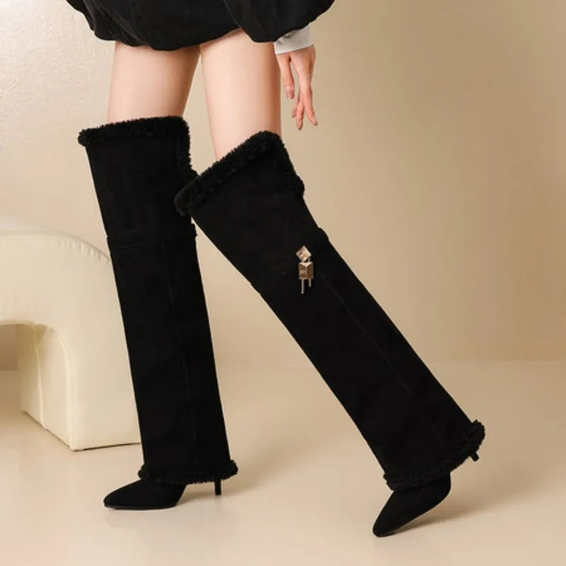 High Heels Withpointed Buckle Decoration, Versatile Over Theknee Fashion Pants Leg Women's Boots