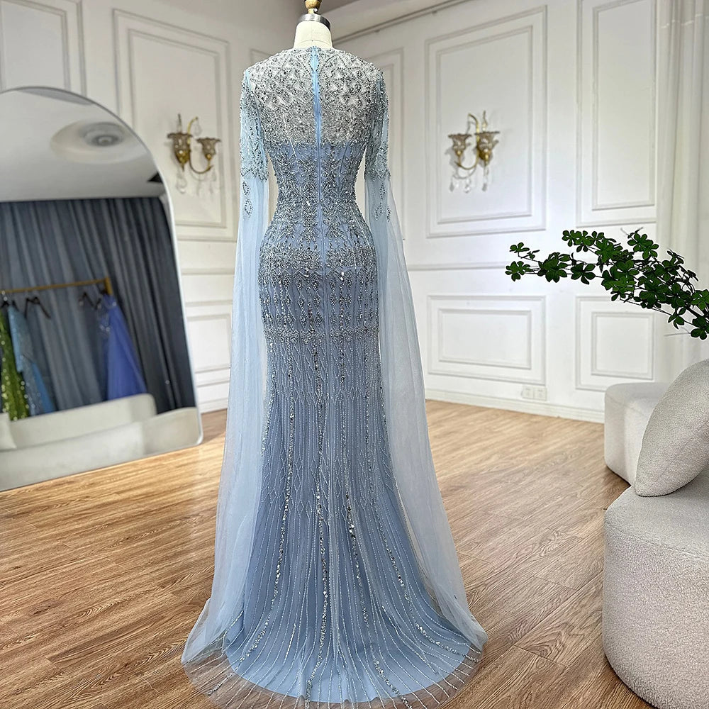 Beaded Mermaid Evening Dress with Sleeves – Abstract Pattern Tulle Gown with Court Train