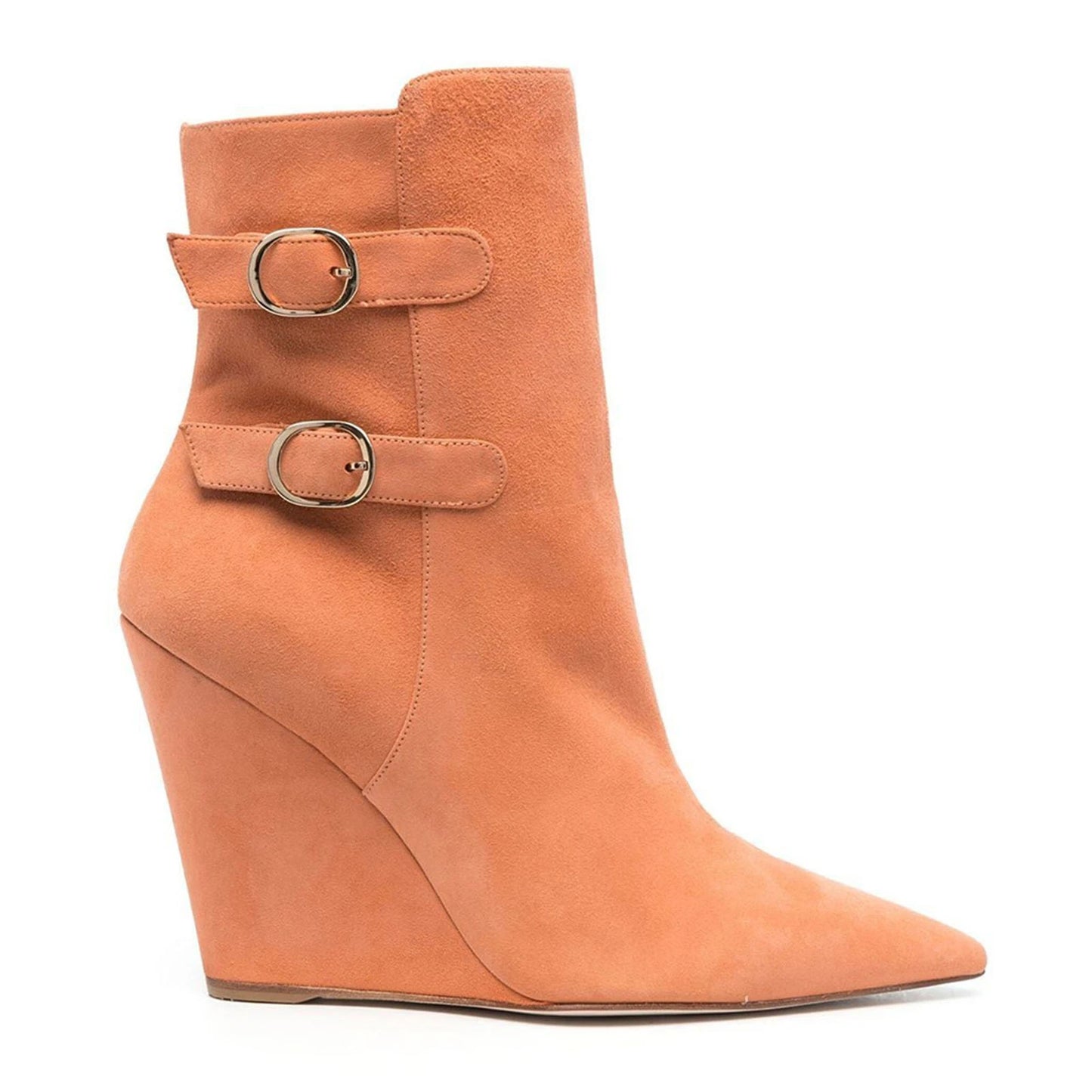 Orange suede Wedges Short boots Pointed toe Side zipper High-heeled Belt buckle Modern boots Extra large size
