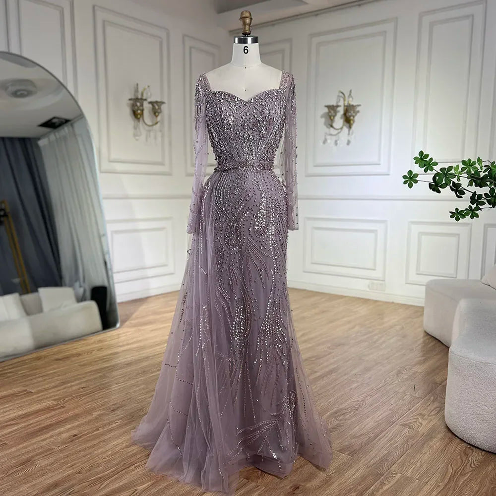 Elegant Beaded Mermaid Evening Dress with Court Train and Square Neckline in Floor-Length Tulle