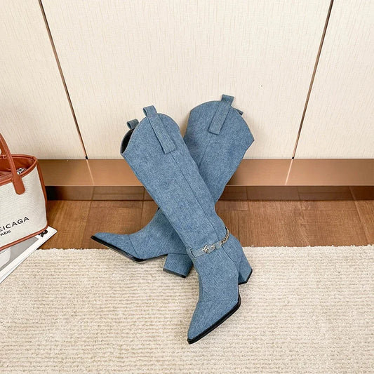 Denim Blue Pointed Toe Thick Heel Boots Woman Winter 2025 Slip-On Knee Knight Western Cowboy Boots