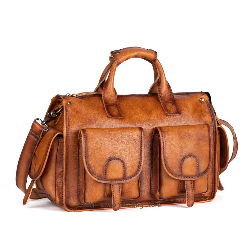Portable Retro Genuine Leather Men's Handbags Real-Leather Travel Bags Large Capacity Leisure Gym Bag Shoulder Messenger Bag