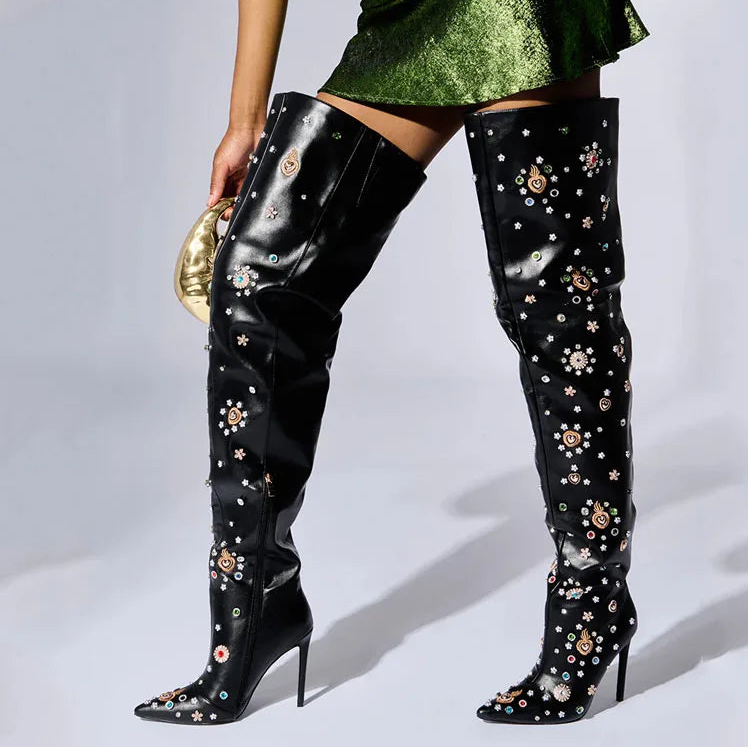 Women's Rhinestone Thigh-High Runway Boots - LiveTrendsX fit view 1