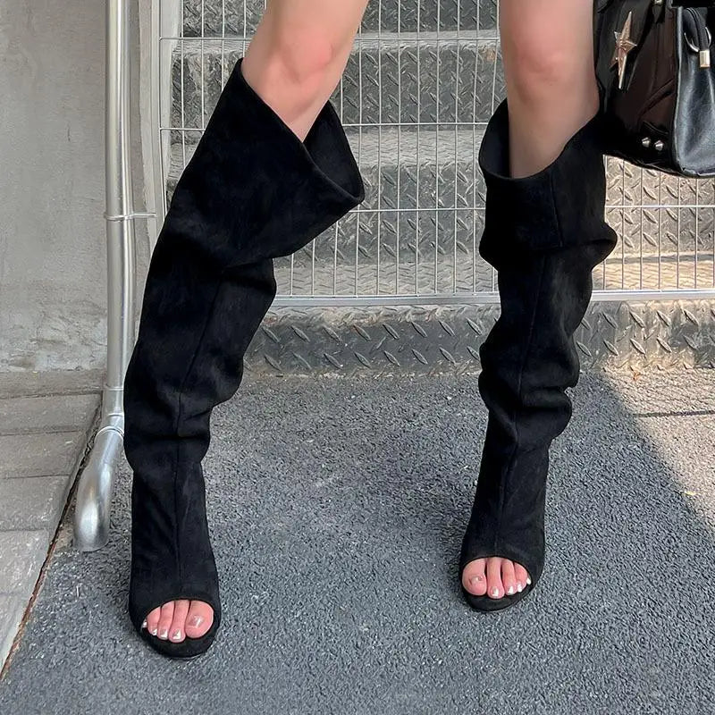 Over the knee boots Peep toe Pleated Pull-on High-heeled Cool boots Large tubular boots
