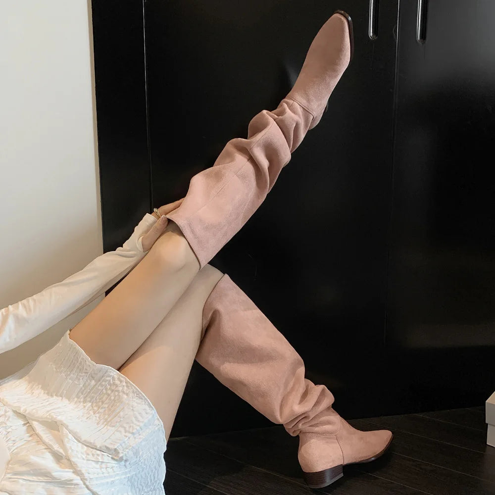 Arden Furtado 2025 Autumn Suede trouser legs boots square-head Low heel Over the knee boots large size Pleated Knight boots