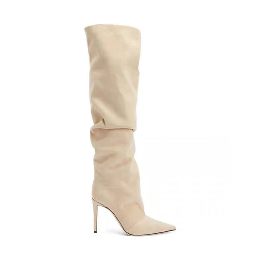 Beige suede Stiletto heels Over the knee boots Pointed toe Slip-on High-heeled Pleated Slouchy  Ruched boots 45