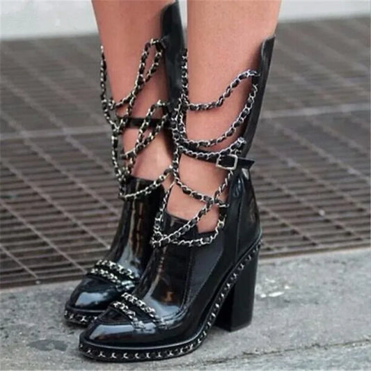 Black Chain Pointed Toe Buckles Thick Heel Mid-Calf Boots Woman Winter 2025 Hollow Sexy Fashion Boots Shoes for Women