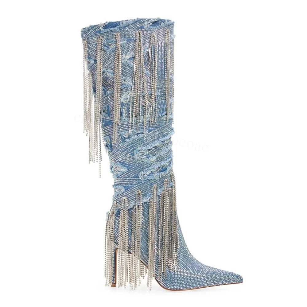Sparking Crystal Decor Thin High Heels Shoes for Women Knee High Shoes