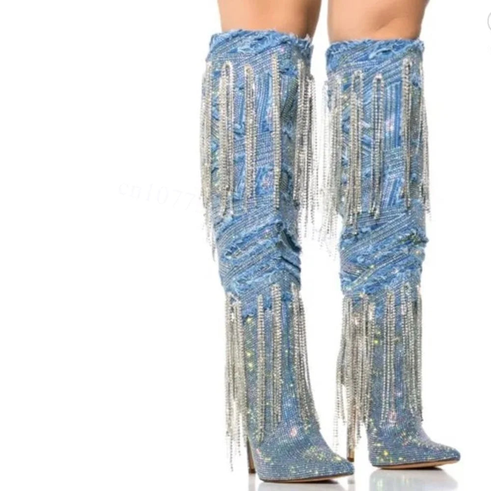 Sparking Crystal Decor Thin High Heels Shoes for Women Knee High Shoes