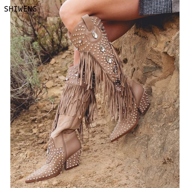 2025 Retro Westen Long Boots Pointy Toe Thin Heels Knee Boots Side Zipper Shoes Winter Cowgirl Fashion Runway Shoes 44