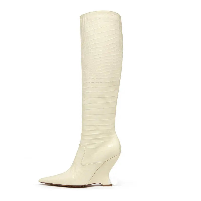 Woman's  Knee high boots Pointed toe Wedges Side zipper black Super high heel