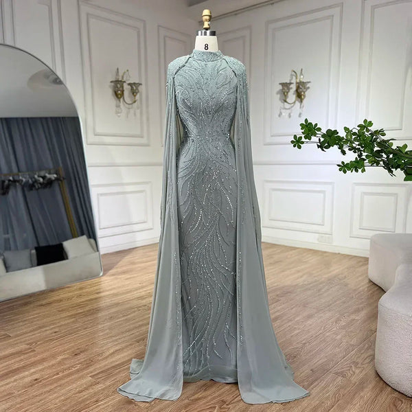 Green Beaded Satin Mermaid Evening Gown