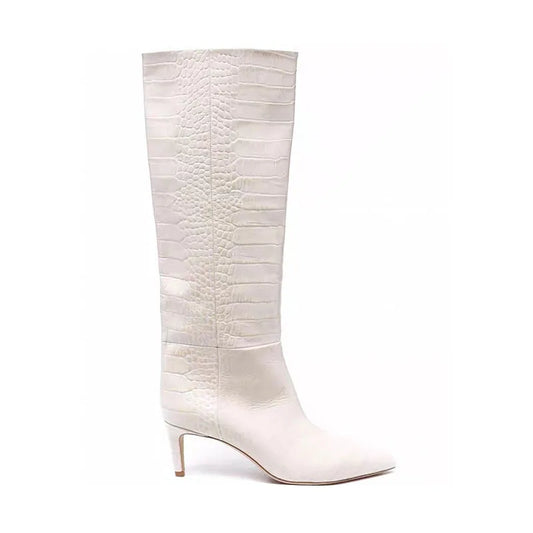White crocodile grain Knee high boots Pointed toe Slip-on Stilettos heels Simple styl boots