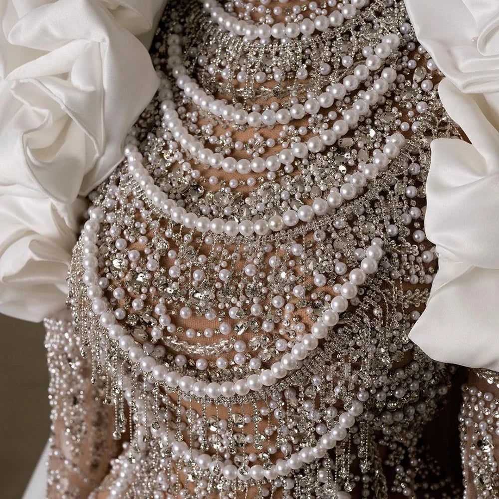 Elegant High Neck Mermaid Evening Dress with Pearls and Beading – Full Sleeve Floor-Length Gown