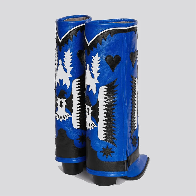 Genuine Leather Embroidered Wedge Heels Women Knee High Boots New Black Red Winter Skirt Boots Sexy High Heels Shoes Size 34-43