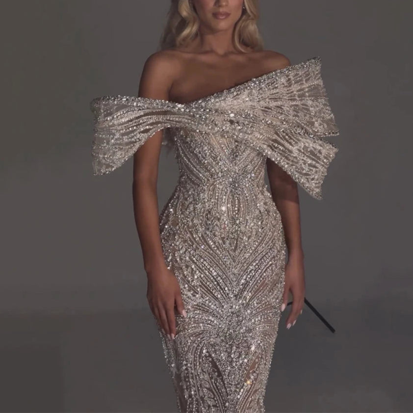 Off Shoulder Beaded Mermaid Evening Dress – Floor-Length Tulle Gown for Wedding Party