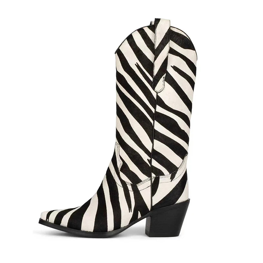 Horsehair Middle boots Pointed toe Mixed Colors Low heel Slip-on Modern boots Large size Western boots