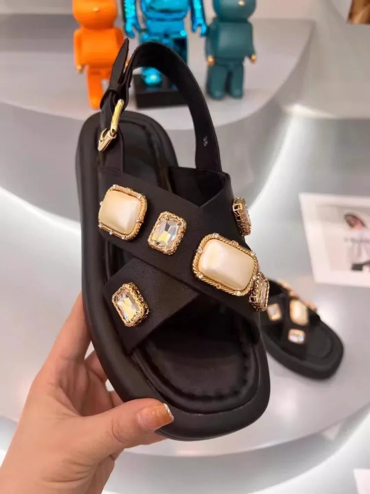 Women's Fashionable Diamond Embellished Genuine Leather Gladiator Sandals