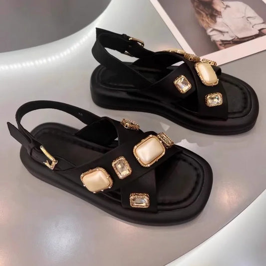 Women's Fashionable Diamond Embellished Genuine Leather Gladiator Sandals