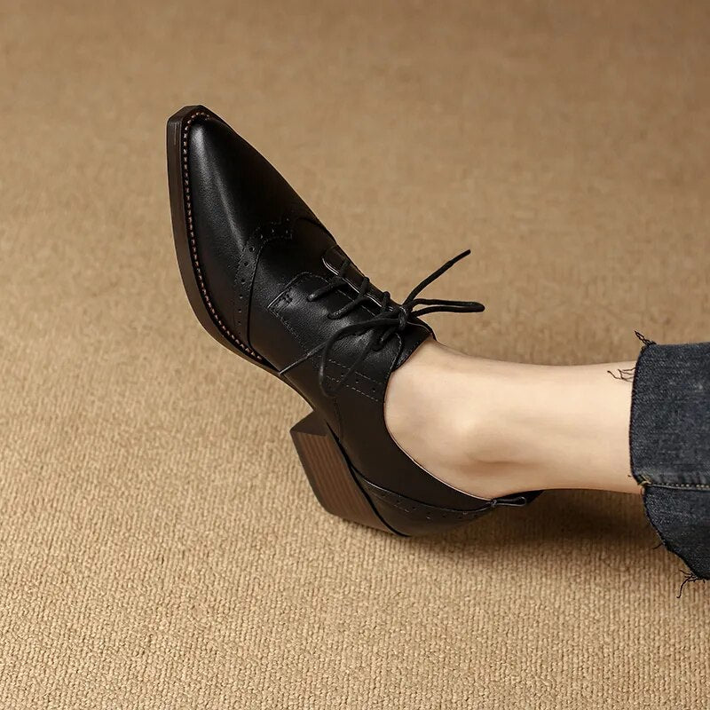 Women Pointed Toe Lace-Up Loafers British Style Pumps